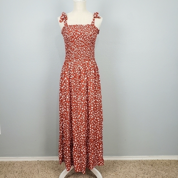 ZESICA Animal Print Tie Strap Maxi Dress Rust Sz S Flowy Vacation Boho - Picture 1 of 7